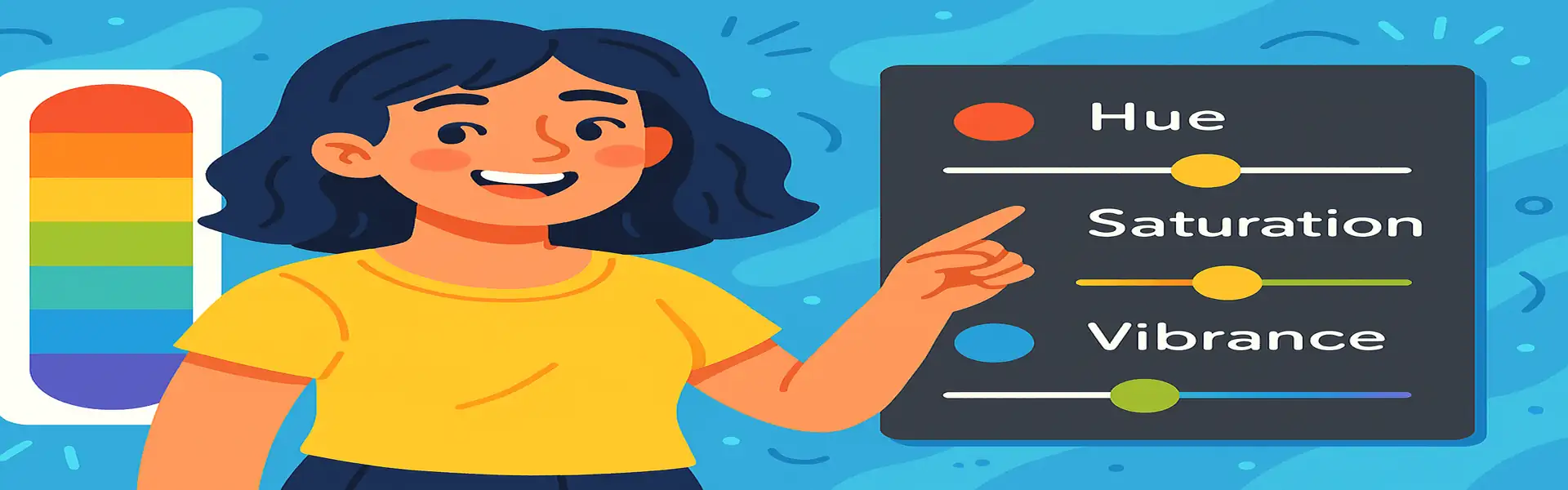 An illustration showing the distinct effects of hue, saturation, and vibrance sliders on a colorful image