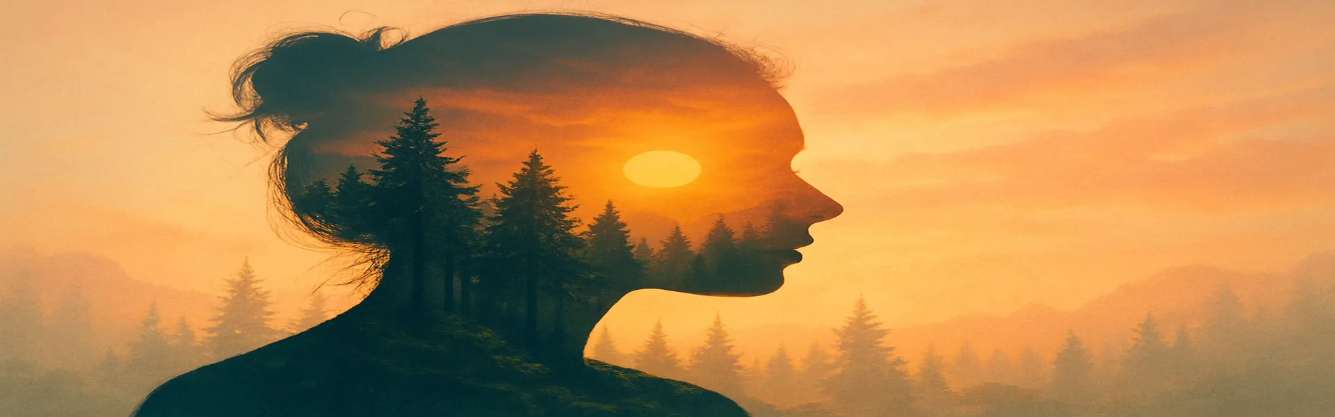 A silhouette of a person's head blended with a forest landscape to create a double exposure effect